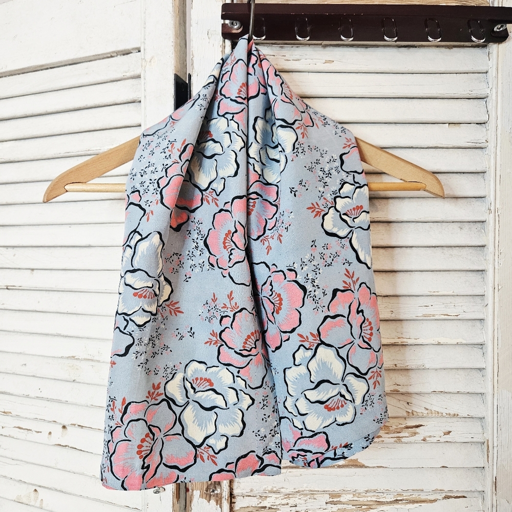 Vintage 1950s Floral Hand Hemmed Rectangle Silk Scarf Blue And Pink